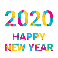 Paper cut numbers for 2020. Happy New Year text inr ealistic 3D multi layer papercut effect. Fluid ink liquid effect in vivid colors.