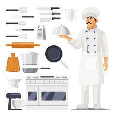 Set of isolated kitchen utensil and cook with hat