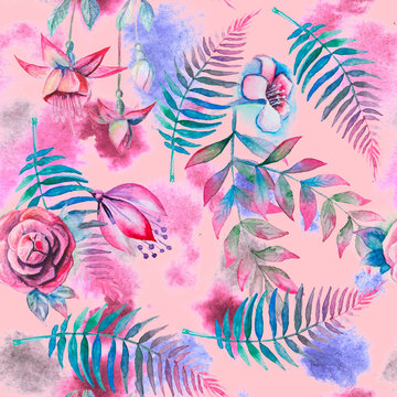 Watercolor tropical seamless pattern on pink background. Colorful paint background. Swimwear texture. Floral mix artwork