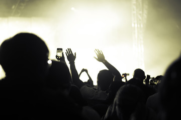hands to the skies of people dancing and having fun at the live music concert