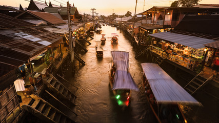 Samut Songkhram, Thailand -  February 23, 2017: Amphawa market canal at night, the most famous...