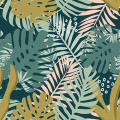 Seamless pattern of tropical plants and abstraction on a dark background. Vector design. Flat jungle print. Floral background.