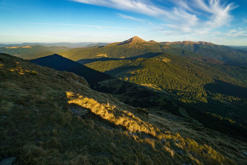 Beautiful sunny landscape of Mount Hoverla is the highest mountain of the Ukrainian Carpathian Mountains, Chornohora, Goverla from Mount Petros