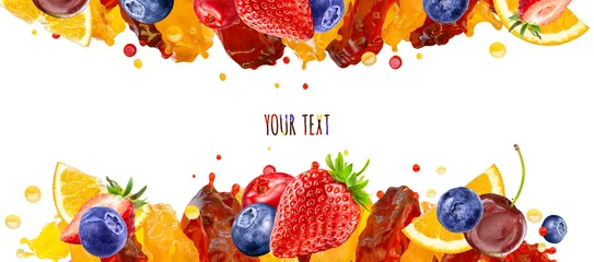 Fototapete Saft Fresh ripe orange, strawberry, cherry, raspberry, blueberry, cranberry juice mix splashes with strawberry, blueberry, cherry, cranberry, raspberry. Citrus berry juice banner design with copy space. 3D  © Corona Borealis