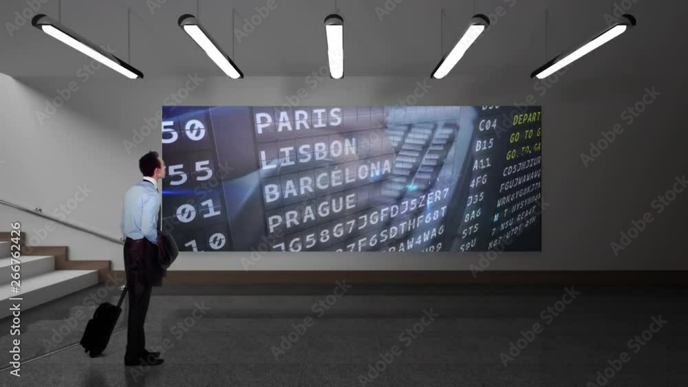 Poster man with suitcase watching lcd
