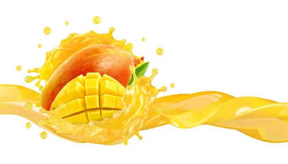 Rolgordijnen Fresh ripe mango, slice and mango juice splash wave. Healthy food or tropical fruit drink liquid ad label design. Tasty mango smoothie splash isolated, healthy diet concept. 3D render © Corona Borealis