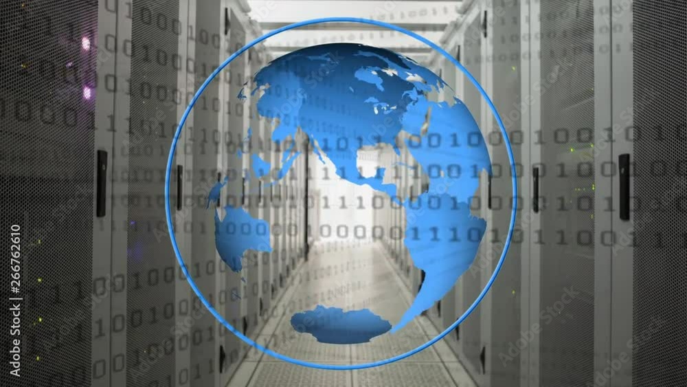 Poster rotating globe with binary codes at a hallway