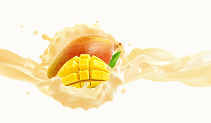 Naklejka na ściany i meble Delicious fresh fruit yogurt or cream splash wave with ripe mango and mango slices. Label, sticker, banner advertising element with greek yogurt, sour cream, milk, mango. 3D render
