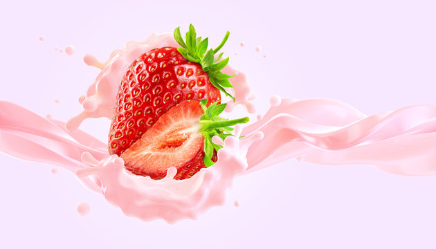 Fresh fruit yogurt splash with ripe strawberries. Healthy breakfast meal label design or advertising element with yogurt, cream, milk and strawberry. Milkshake ingredients isolated. 3D