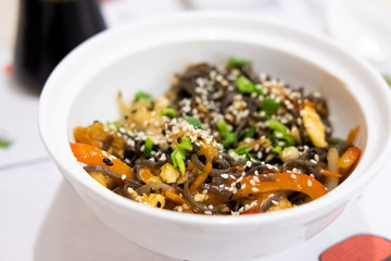 Buckwheat noodles with chicken and vegetables in Japanese style