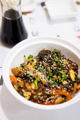 Buckwheat noodles with chicken and vegetables in Japanese style
