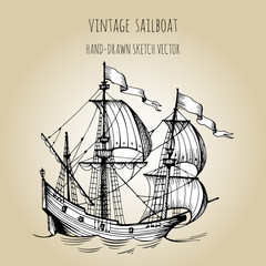 Old caravel, vintage sailboat. Hand drawn sketch. Detail of the old geographical or fanasy maps of sea.