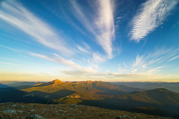 Beautiful landscape at sunset of Mount Hoverla is the highest mountain of the Ukrainian Carpathian Mountains, Chornohora, Goverla from Mount Petros