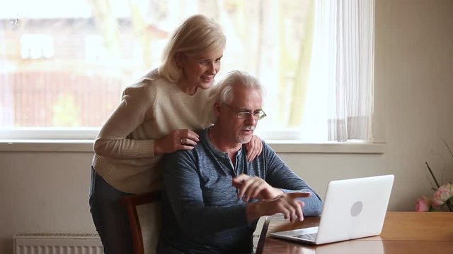 Elderly positive couple using computer new application or online banking