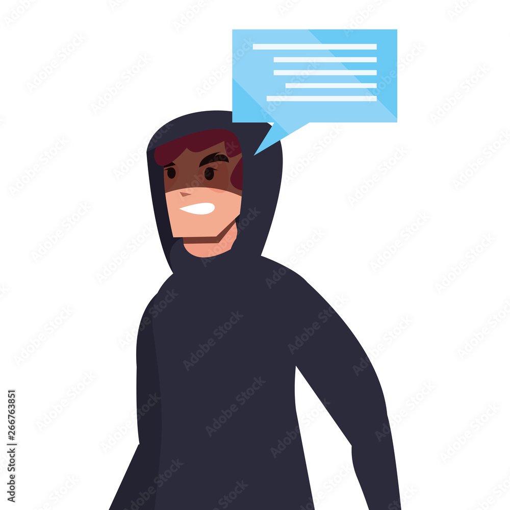 Poster hacker man character speech bubble