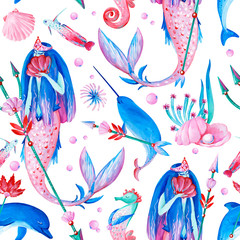 Gouache seamless wonderful ocean pattern with water nymph. Hand-drawn clipart for art work and weddind design.