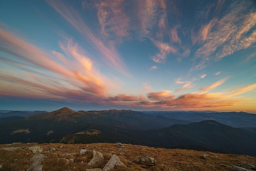 Naklejka premium Beautiful landscape at sunset of Mount Hoverla is the highest mountain of the Ukrainian Carpathian Mountains, Chornohora, Goverla from Mount Petros