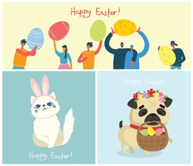 Obraz na płótnie Canvas Vector Easter cards with people, cute puppy dog, rat, panda and cat with rabbit ears, spring flower, egg and hand drawn text - Happy Easter in the flat style