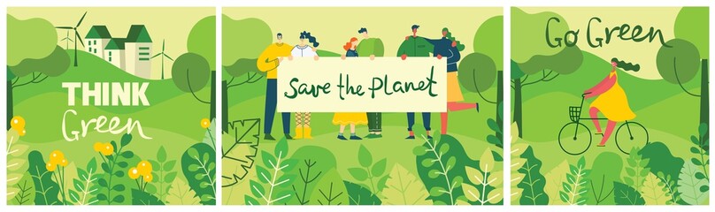 Vector illustrations with activists people holding placard on the nature, in the forest with green landscape veiw in the flat design and eco quote Save the planet