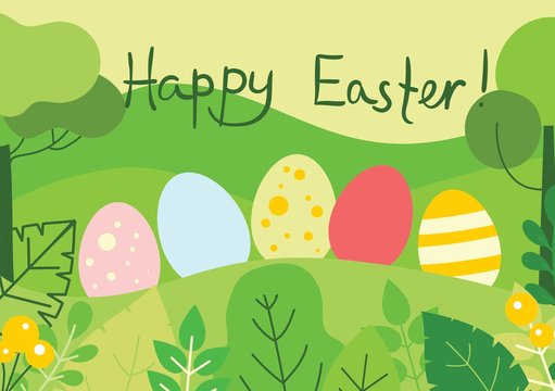 Happy Easter card. Vector illustration of easter eggs in the nature view in the flat design