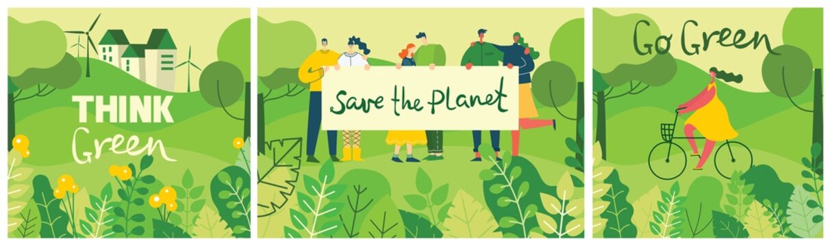 Vector Illustrations With Activists People Holding Placard On The Nature, In The Forest With Green Landscape Veiw In The Flat Design And Eco Quote Save The Planet