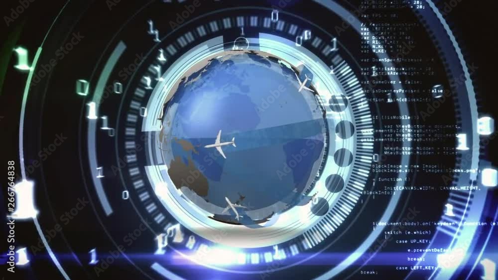 Poster globe with airplanes and binary codes