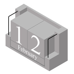 February 12th date on a single day calendar. Gray wood block calendar present date 12 and month February isolated on white background. Holiday. Season. Vector isometric illustration