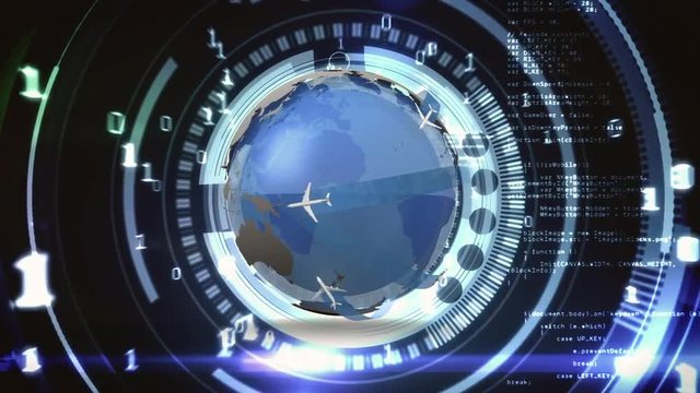 Globe with airplanes and binary codes