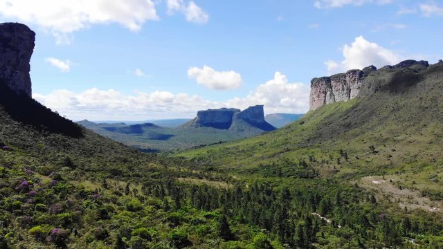 Vale do Cap&atilde;o beautiful mountains 4K. Aerial POV Drone moving backwards