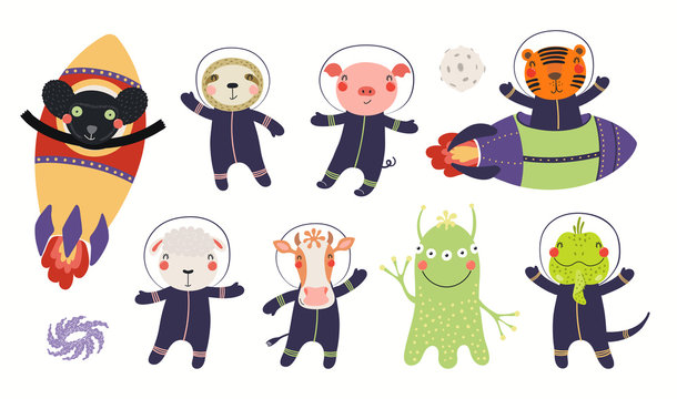 Big set of cute animal astronauts in space, with planets, stars. Isolated objects on white background. Hand drawn vector illustration. Scandinavian style flat design. Concept for children print.
