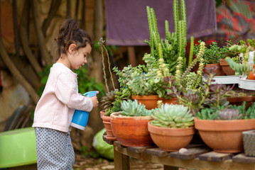 Candid cozy image cute child, little gardener sprinkling plants. Young sweet girl sprays succulent...