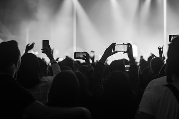 hands to the skies of people dancing and having fun at the live music concert