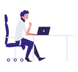 elegant businessman seated in office chair using laptop