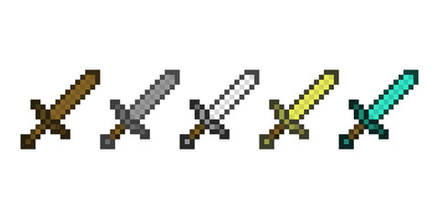 Vector set of classic pixel swords. Cartoon steel blades for fun computer and console games or illustrations