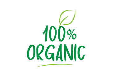 100% organic green word text with leaf icon logo design