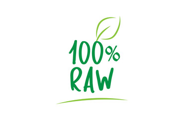 100% raw green word text with leaf icon logo design