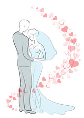 Wedding. Young bride and cute bride. Happy relationship and love boyfriend and girlfriend. Background of red hearts. Vector illustration