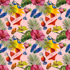 Watercolor pattern with tropical palm leaves, bananas, pineapples, drinks party and flowers. Seamless pattern