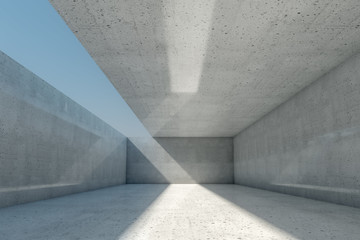 Abstract empty concrete room background with open ceiling and wall, 3d illustration.