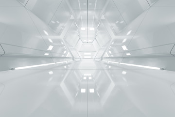Obraz premium Streszczenie sześciokąt korytarz statku kosmicznego. Futurystyczny tunel ze światłem. Przyszłe tło wnętrza, biznes, koncepcja nauki sci-fi. Renderowanie 3d