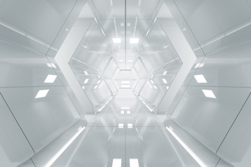 Abstract hexagon Spaceship corridor. Futuristic tunnel with light. Future interior background, business, sci-fi science concept. 3d rendering