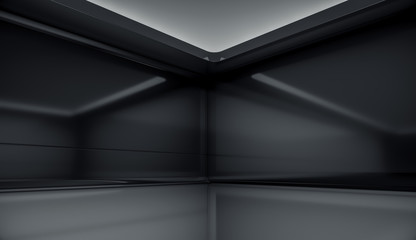 Contemporary futuristic concept background with black screen. Empty future clean dark box interior room With Light. 3D Rendering.