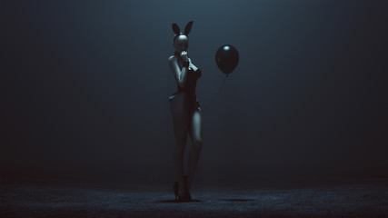 Demon Vampire Bunny Girl in Black Latex and Fishnets and Black Balloon 3d illustration 3d render  - obrazy, fototapety, plakaty