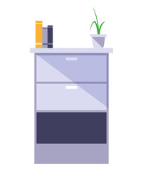 wooden drawer with books and plant