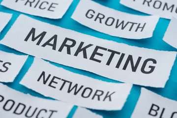 close up view of components of marketing on pieces of paper on blue