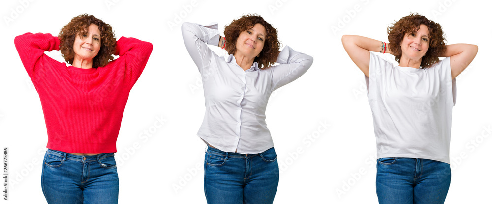 Poster Collage of middle age senior woman over white isolated background Relaxing and stretching with arms and hands behind head and neck, smiling happy