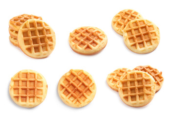 Set of delicious waffles on white background