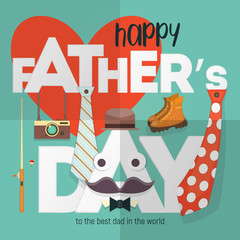 Happy Father's Day. Greeting Card Template. Holidays Background with Symbols Super Dad - Necktie, Hat, Boots, Mustache and Camera on Big White Letters. Vector Illustration. Retro Design. Square Format