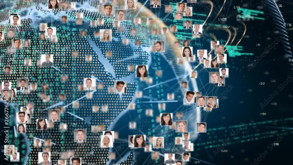 Poster digital composite of profiles rotating in the shape of a globe