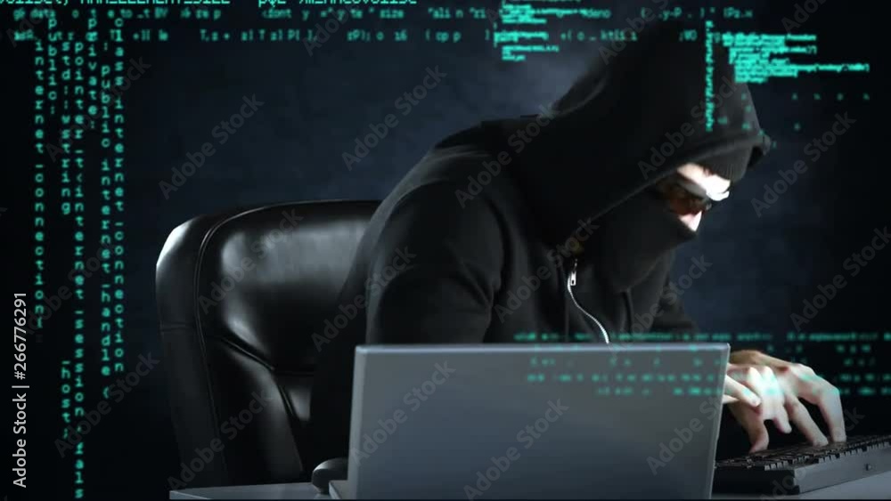 Poster sneaky hacker working on two computers